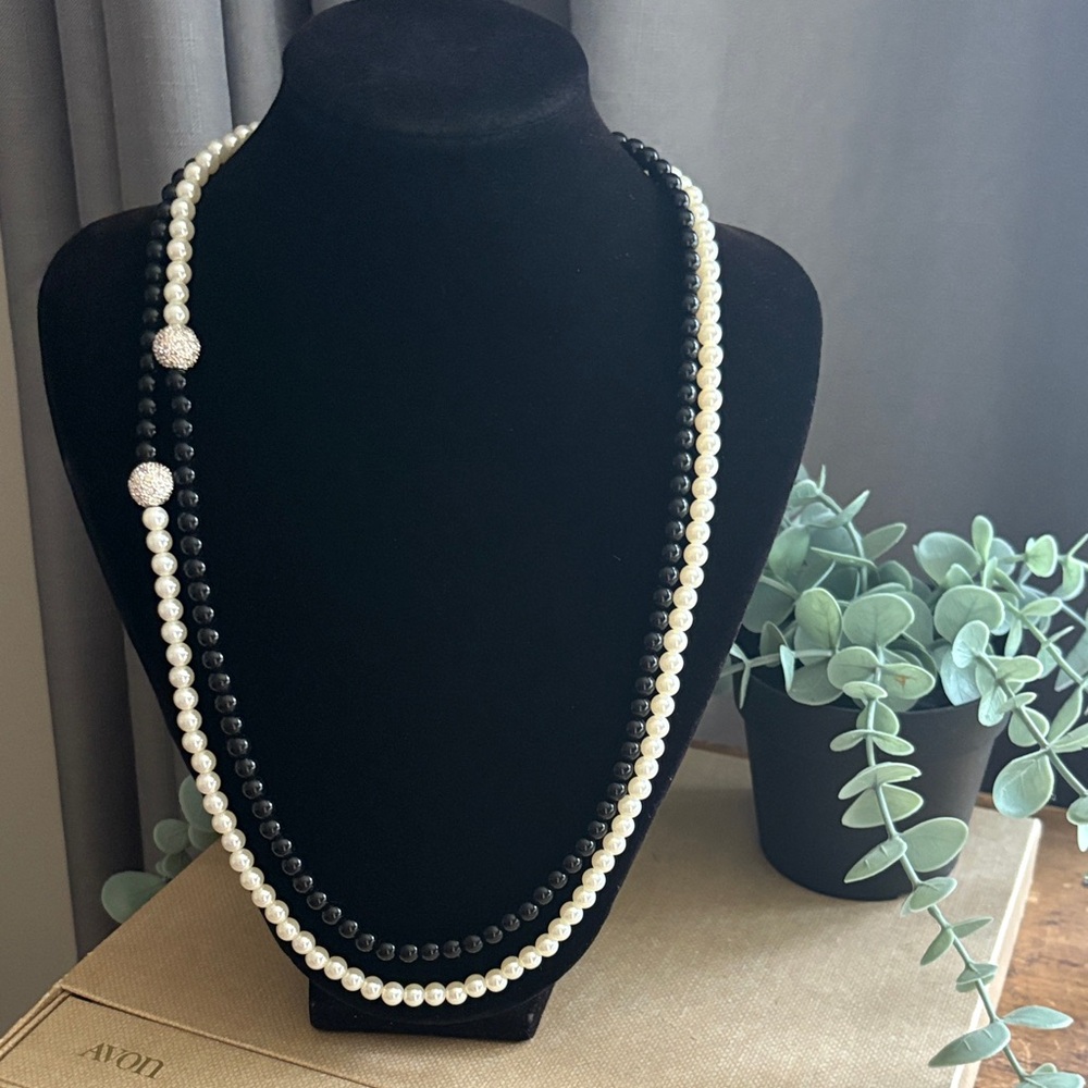 Avon Black Ivory Faux Pearl Statement Necklace Rhinestone Sphere Pernella 24”